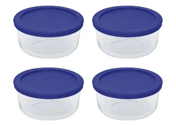 Pyrex Storage 4-Cup Round Dish, Clear with Cadet Blue Plastic Lids, Pack of 4 Containers
