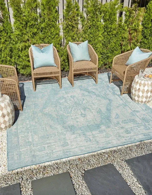 Unique Loom Outdoor Traditional 10 ft Square Aqua Blue Floral Area Rug Indoor Outdoor Rug