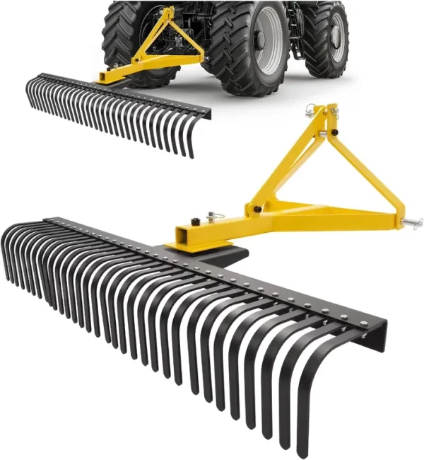 KOJEM 60in Landscape Rake 3 Point Rake 360 Degree Rotation Compatible with Category 1 Cat1 Compact Tractors Tow - Behind Garden Tool for Garden Farm Clearing Brush Raking Arenas 2 Package Yellow