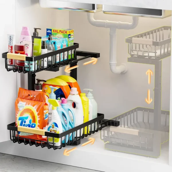 OPPKOUT Under Sink Organizer, Pull Out Cabinet Organizer 2-Tier Slide Out Sliding Shelf Under Cabinet Storage Multi-Use, Multi-Use Under Kitchen