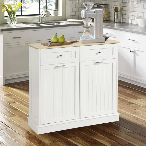 Kigoty Dual Kitchen Trash Cabinet, Double Tilt Out Trash Can Cabinet with Countertop and Drawer, Wood (White)
