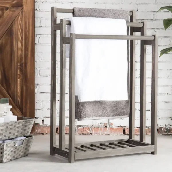 MyGift 3-Bar Wood Gray Towel and Quilt Rack Stand for Kitchen and Bathroom with Bottom Shelf