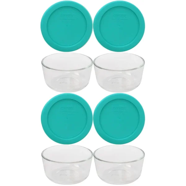 Pyrex (4) 7202 Round Glass Food Storage Bowls & (4) 7202-PC Turquoise Lids