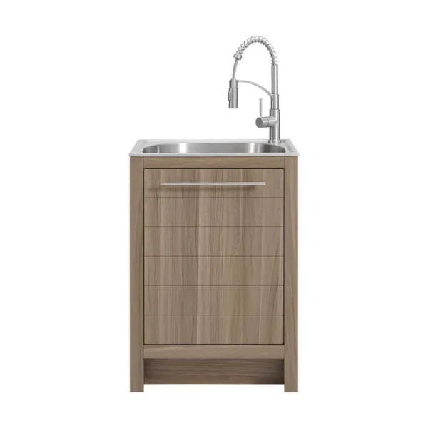 Glacier Bay All-in-One Stainless Steel 24 in Laundry Sink with Faucet and Storage Cabinet in Sandy Ash