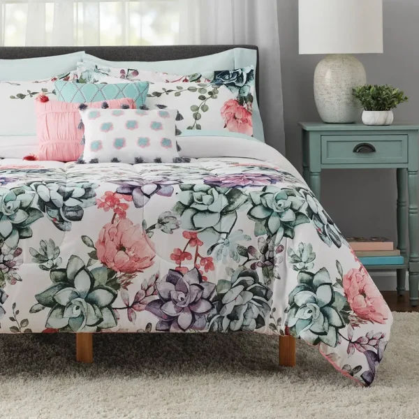 Mainstays Jade Floral 10-Piece Bed in A Bag Bedding Set with Bonus Sheet Set + Pillows Queen