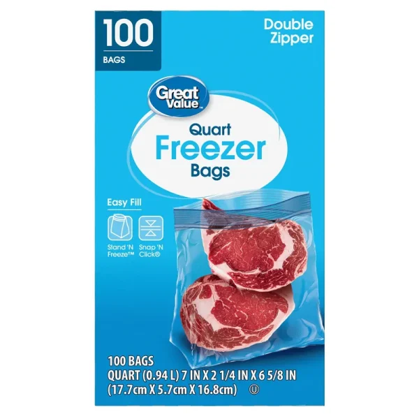 Great Value Freezer Bags, Double Zipper, Quart - 100 bags