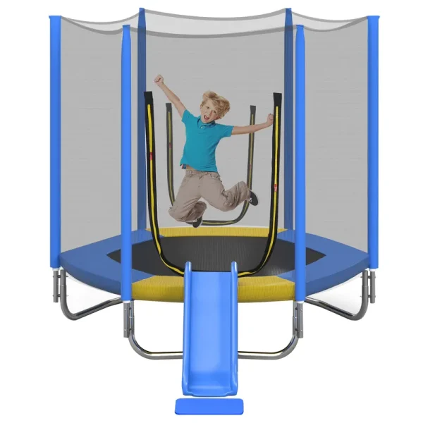 EUROCO 7FT Kids Trampoline with Safety Enclosure Net, Indoor Outdoor Trampoline with Slide, Ladder, Spring Pad, All - Weather Trampolines