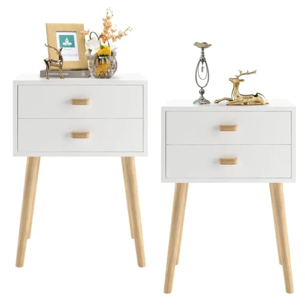 Syngar Nightstand Set of 2, Bedroom Bedside Table with 2 Drawer Storage Shelf, Simple Modern Night Stand End Table with Wood Handle, Easy Assembly, Suitable for Living Room Bedroom Furniture, White