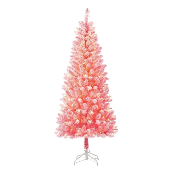 6.5 ft Pre-Lit Pink Flocked Pine Artificial Christmas Tree, 200 Clear