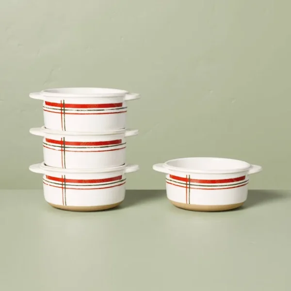 13oz Christmas Plaid Stripes Stoneware Ramekin Cream/Red/Green - Hearth & Hand with Magnolia