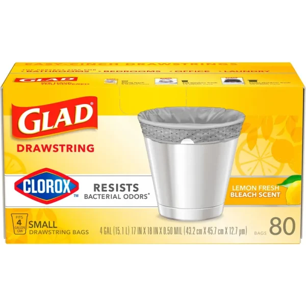 Glad Small Drawstring Trash Bags with Clorox, 4 Gallon Grey Trash Bags, Lemon Fresh Bleach Scent, 80 Count, Adult Unisex, Yellow