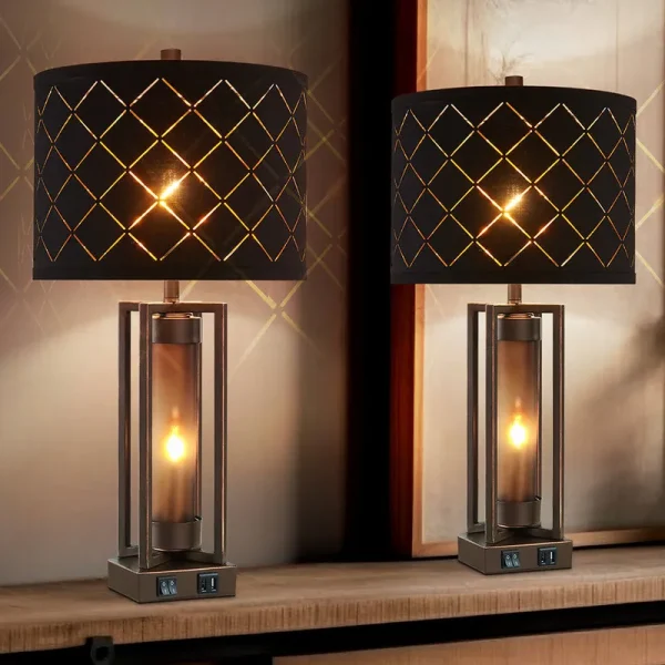 2pc Dover Castle Table Lamps W. Night Light & USB, Bronze Metal+Glass, Black Grid Lampshade