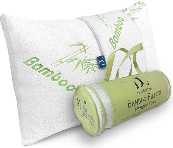 Dreamfield Linen Bamboo Pillow Queen Size Shredded Memory Foam for Sleeping - Ultra Soft, Cool & Breathable Cover with Zipper Closure - Relieves Neck