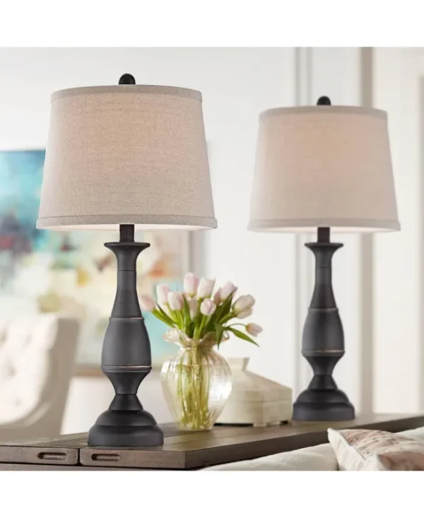 Regency Hill Ben Traditional Table Lamps Set of 2 Dark Bronze Metal Beige Linen Drum Shade for Living Room Family Bedroom Bedside -