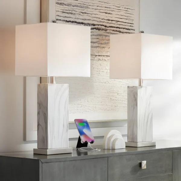 360 Lighting Connie Modern Table Lamps 25" High Set of 2 White Faux Marble with USB Charging Ports Rectangular Shade for Living Room Office Desk