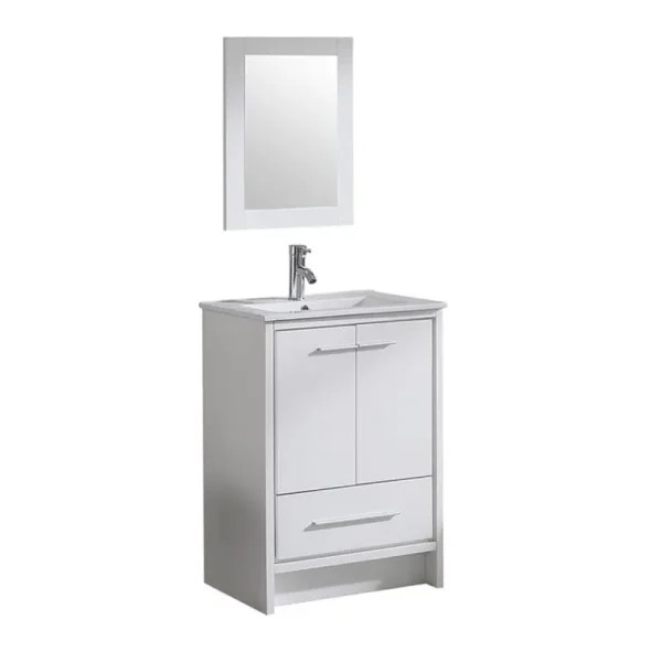 Walsport 24" Luxurious Bathroom Vanity with Ceramic Sink and Countertop and Mirror and Faucet, Double Door Stand Floor Cabinet Bathroom Storage Vanity with Pop up Drain, White