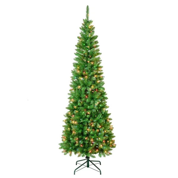 National Tree Company First Traditions Pre-Lit Rowan Pencil Slim Christmas Tree, Multicolor Incandescent Lights, Plug in, 7.5 ft