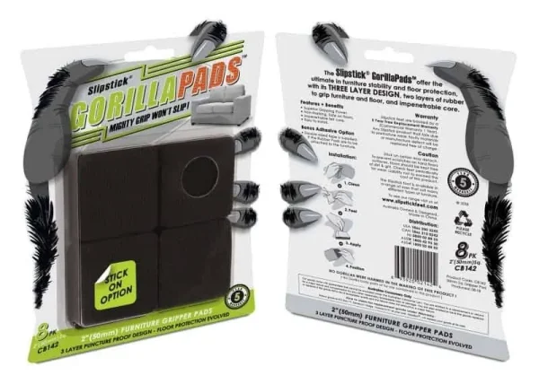 Slipstick GorillaPads 2" Square Furniture Gripper Pads (8 Pack) Black