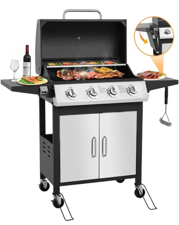 SEGMART 4 Burner BBQ Propane Gas Grill, Stainless Steel 40, 000 BTU Patio Garden Barbecue Grill with Folding Side Tables, Cleaning Brush & Thermometer, Perfect for Camping, Outdoor Cooking