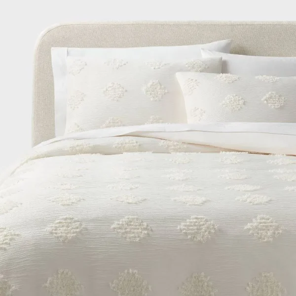 Full/Queen Tufted Diamond Crinkle Duvet Cover and Sham Set Ivory - Threshold