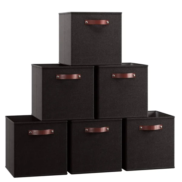 Ornavo Home Foldable Linen Storage Cube Bin with Leather Handles - Set of 6 - Black