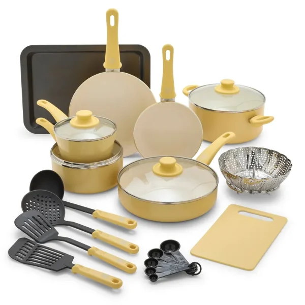 GreenLife 18-Piece Soft Grip Toxin-Free Healthy Ceramic Non-Stick Cookware Set, Yellow, Dishwasher Safe