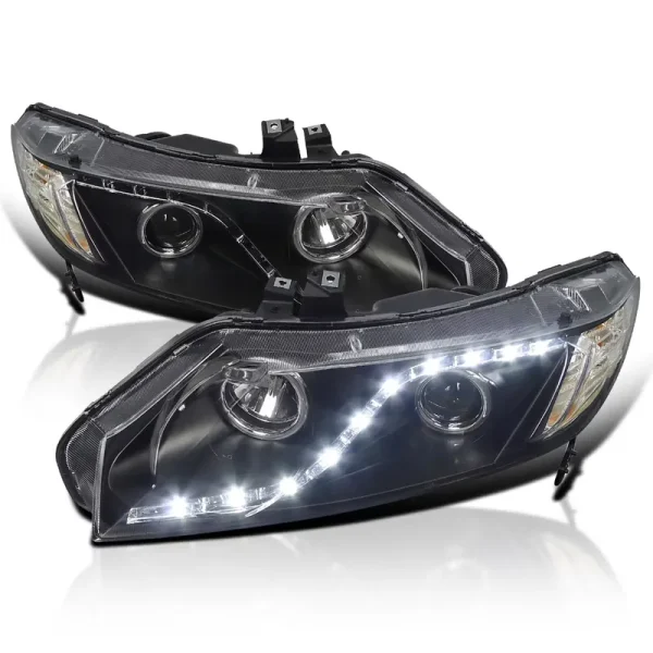 Spec - D Tuning LED Headlights Black Compatible with 2006 - 2011 Honda Civic 4 Door Sedan, Left + Right Pair Headlamps Assembly