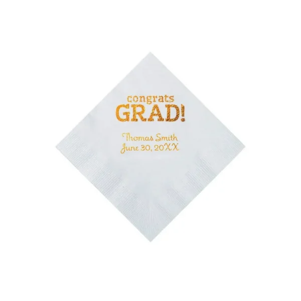White Congrats Grad Personalized Napkins with Gold Foil - Beverage - Party Supplies - 50 Pieces