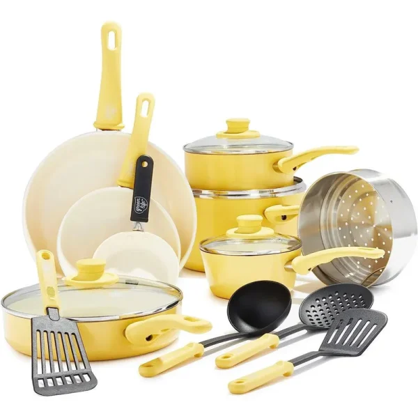 GreenLife Soft Grip Healthy Ceramic Nonstick Yellow Cookware Pots and Pans Set, 16-Piece