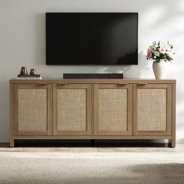 SICOTAS 61.5"w Rattan TV Stand with 4 Doors, Boho Entertainment Center with Adjustable Shelves & Spacious Countertop - Large Boho Farmhouse Media Console for Living Room, Reclaimed Caramel Oak