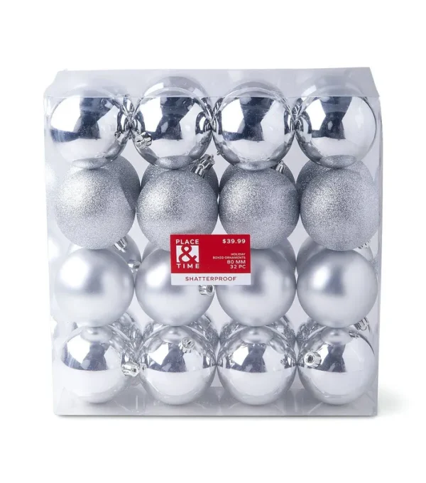 32pc 80mm Shatterproof Ornaments Silver