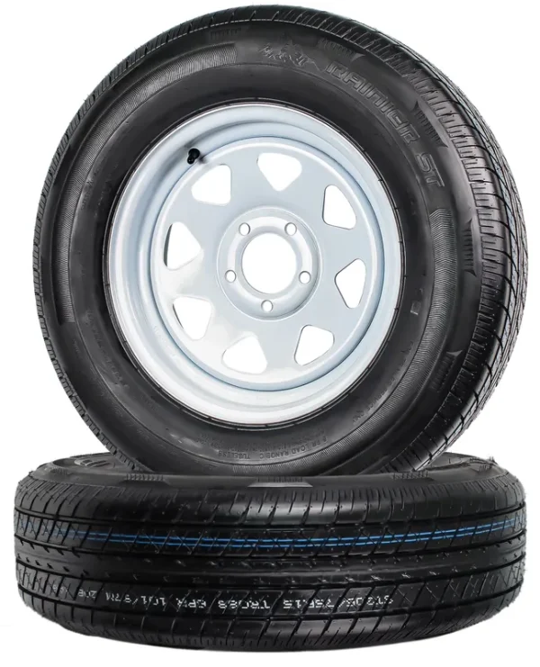 Ecustomrim 2 - Pack Radial Trailer Tire Rim ST205/75R15 205/75 Load C 5 Lug Bolt White Wheel