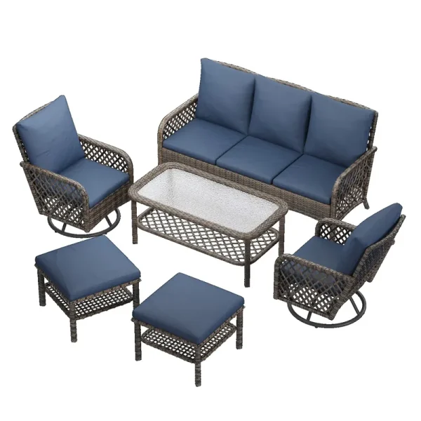 AECOJOY 7-Seat Patio Furniture Set, 6-Piece Wicker Conversation Set with Swivel Rocking Chairs & Ottoman