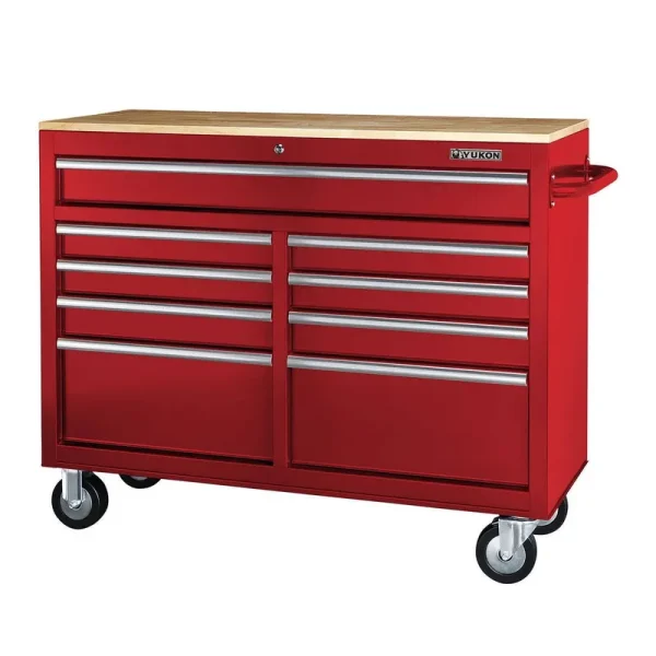 Yukon 46 in. 9 Drawer Mobile Storage Cabinet with Solid Wood Top, Red