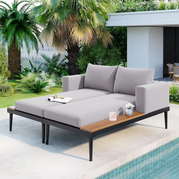 Harper & Bright Designs Patio Outdoor Metal Daybed for 2, All-Weather Outdoor Chaise Lounges Reclining Chairs with Wood Topped Side Spaces for Drinks for Poolside Balcony Deck, Gray