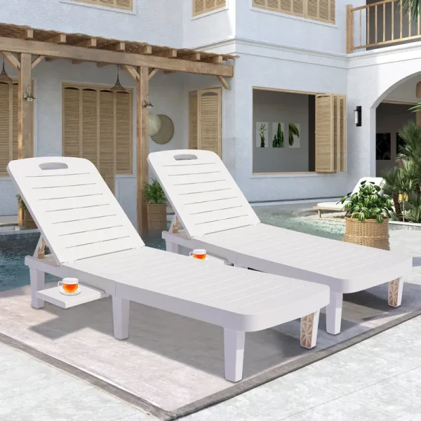 Patio Lounge Chair Set of 2, Adjustable Chaise with Side Table, Outdoor Lounger Recliner for Poolside, Patio, Backyard, Wood Texture Design | Waterproof | Easy to Assemble | Max Weight 330 lb White