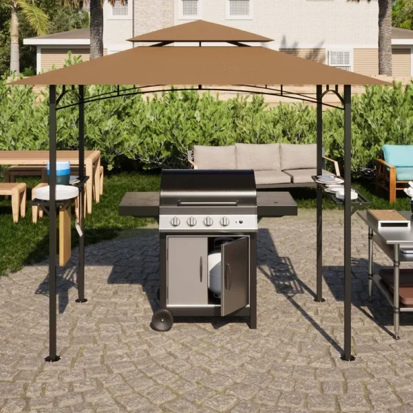 8x5 ft Grill Gazebo, Double Tiered Outdoor BBQ Gazebo with 2 Side Shelves, 5 Hooks, Bottle Opener, Barbecue Grill Gazebo Shelter for Patio, Garden,