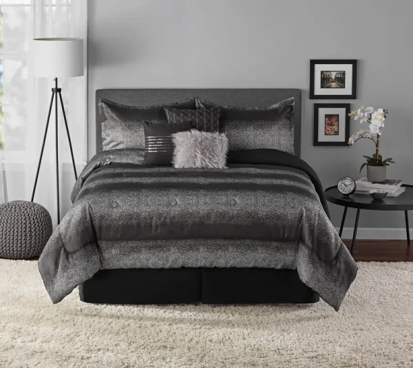 Mainstays 7-Piece Black and Silver Metallic Stripe Jacquard Comforter Set, Full/Queen