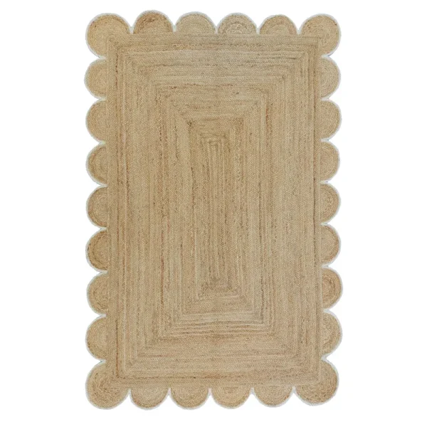 Weaving Village Scalloped Natural Jute Area Rug, Off White Trim, 8'x10'
