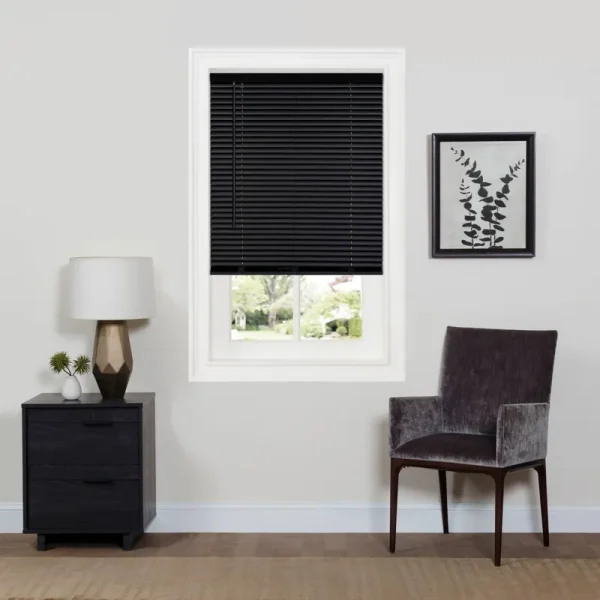 Achim 1 inch GII Deluxe Sundown Indoor Cordless Black Vinyl Room Darkening Mini Blind, 23 inch x 64 inch