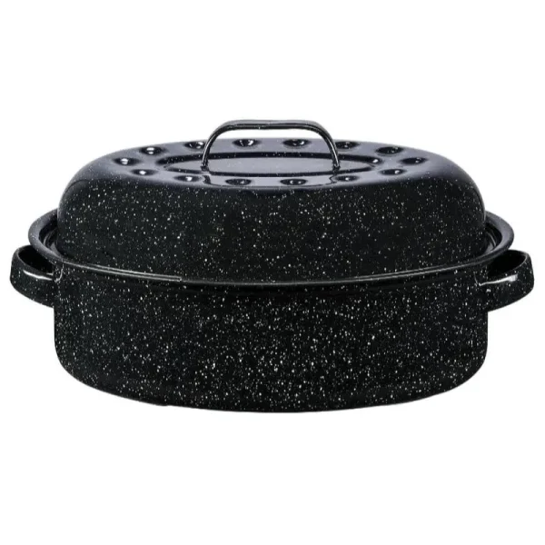 Bovado USA 19" inch Enamel Oval Turkey Roaster Pan + Lid - Thanksgiving Gift, Covered, Non-Sticky, Chemical Free, Dishwasher