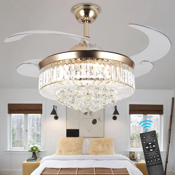 Panghuhu88 36" Invisible Ceiling Fan Chandelier Light,Modern Crystal Ceiling Fan Light Remote Control 4 Retractable ABS Blades for Bedroom Living Room