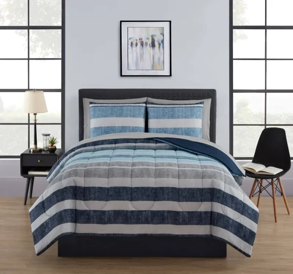 Mainstays Stripe Bed in A Bag Comforter Set with Sheets - Blue - Full Each