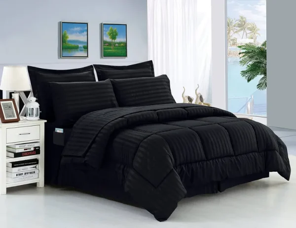 Elegant Comfort Wrinkle Resistant - Silky Soft Dobby Stripe Bed-in-a-Bag 8-Piece Comforter Set - King Black