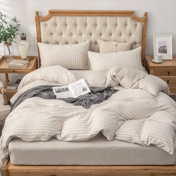 Pure Era Classic Striped Jersey Knit Duvet Cover Set 100% T-Shirt Heather Cotton Super Soft Comfy Zipper Closure, Beige Stripe, Queen