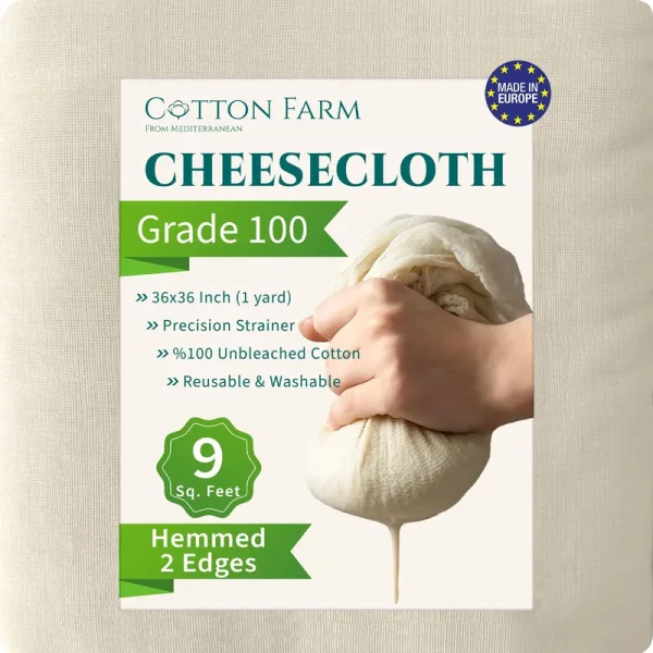 Cotton Farm Grade 100 XL Cheese Cloths - Straining & More; 36x36 inch; 100% Unbleached Cotton Cheesecloth; Reusable with Hemmed 2 Edges; Ultra-Dense