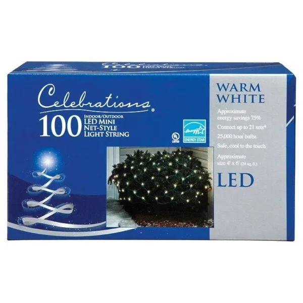 Celebrations LED Mini Traditional Net Light Set Warm White 4 ft. x 6 ft. 100 Lights