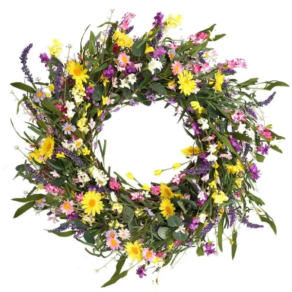 J'FLORU Decor Wreath,24" Daisy and Lavender Wreath,Beautiful Artificial Spring and Summer Wreath Front Door or Home Decoration