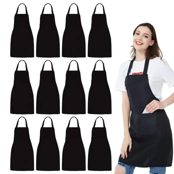 NOBONDO 12 Pack Bib Apron - unisex Black Apron Bulk with 2 Roomy Pockets Machine Washable for Kitchen Crafting BBQ Drawing