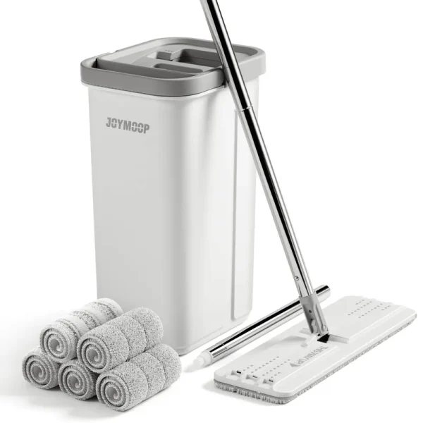 JOYMOOP Mop and Bucket with Wringer Set, Hands Free Flat Floor Mop and Bucket, 60" Mop with 5 Reusable Microfiber Pads, Wet and Dry Use, Floor